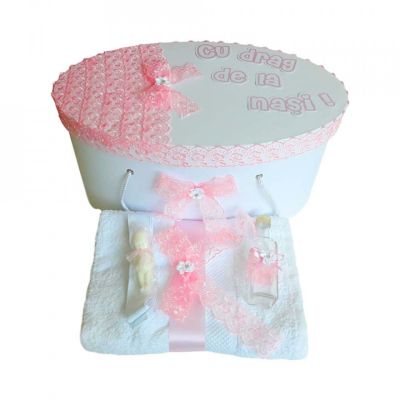 Set trusou botez Fetita si cutie trusou personalizata cu decor dantela Roz Denikos® 218 NKO1774