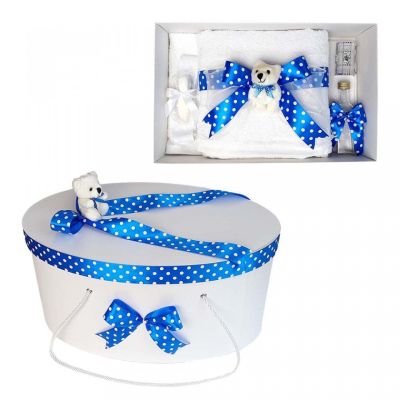 Set trusou de botez Denikos® 23 cu cutie trusou si fundita albastra cu buline pentru Baietel - NKO1627