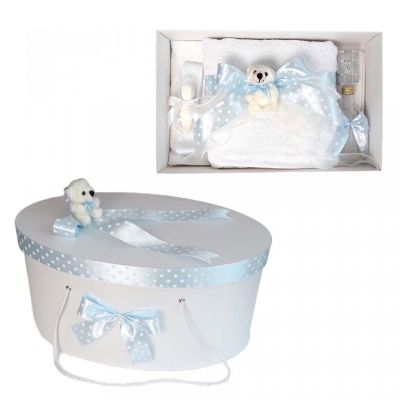 Set trusou botez si cutie trusou cu Ursulet si fundita bleu cu buline Denikos® 24 pentru Baietel - NKO1626