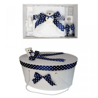 Set trusou botez pentru baieti si cutie trusou cu ursulet si fundita bleumarin cu buline Denikos® 25 NKO1642