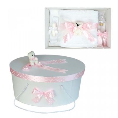 Set trusou botez si cutie trusou pentru Fete cu ursulet si fundita roz cu buline Denikos® 22 NKO1628