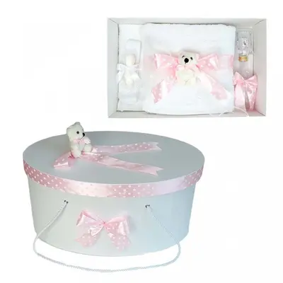 Set trusou botez si cutie trusou pentru Fete cu ursulet si fundita roz cu buline Denikos&reg; 22 NKO1628