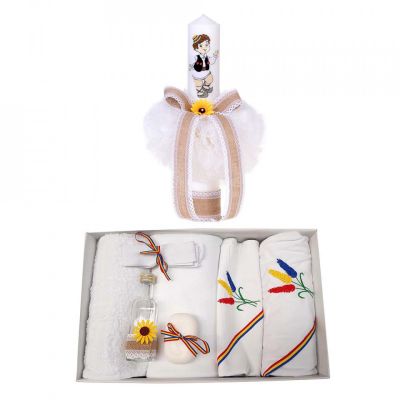 Trusou botez brodatpentru baieti plus lumanare si decor tricolor Denikos® 122 - NKO1677