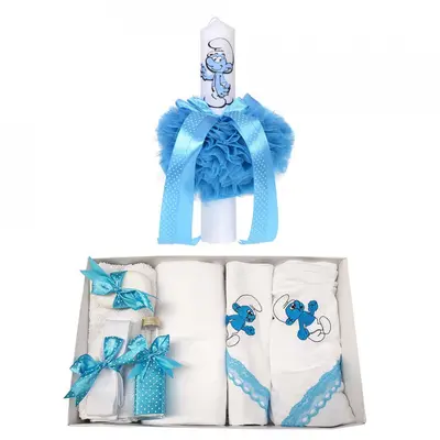 Set Trusou de Botez brodat si lumanare pentru baietel decor turcoaz Denikos® 119 - NKO1674