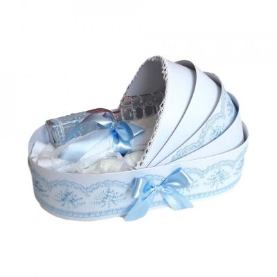 Trusou botez complet pentru baieti cu decor elegan dantela bleu in landou Denikos® 147 NKO1702