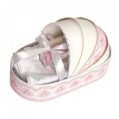 Trusou de botez complet pentru fetite Denikos® 141 in cutie landou cu dantela roz - NKO1696