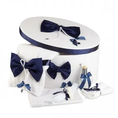 Trusou pentru Baieti botez complet si cutie decorata cu funde bleumarine NKTR006 NKO1224