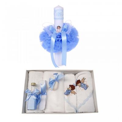 Set trusou botez brodat ingeras si lumanare decorata cu tul bleu pentru Baietel Denikos® 99 - NKO1654