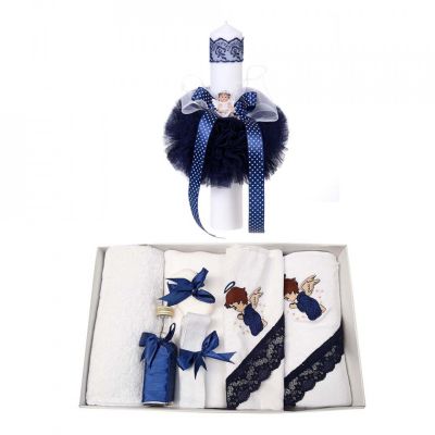 Pachet Trusou botez cu ingeras si lumanare cu decor bleumarin pentru Baietel Denikos® 118 - NKO1673