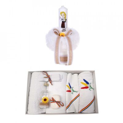 Set Trusou botez  brodat si lumanare botez Fete cu decor rustic tricolor Denikos® 123 - NKO1678