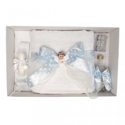 Trusou botez pentru Baiat cu decor fundita bleu buline si cu ingeras Denikos® 29 - NKO1622