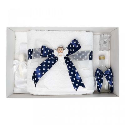 Trusou de botez Baieti cu ingeras si fundita bleumarin cu buline Denikos® 30 NKO1621