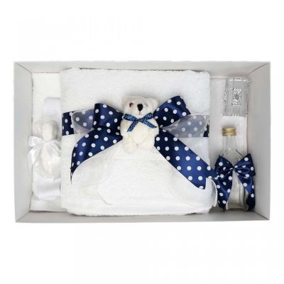 Trusou botez pentru baieti decorat cu ursulet si fundita bleumarin cu buline Denikos® 38 NKO1613