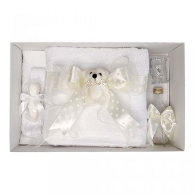 Trusou de botez Unisex decorat cu ursulet si fundita ivory cu buline Denikos® 36 NKO1615