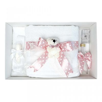 Trusou botez cu fundita roz buline pentru fete si ursulet Denikos® 34 NKO1617