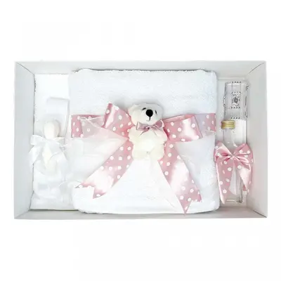 Trusou botez cu fundita roz buline pentru fete si ursulet Denikos&reg; 34 NKO1617