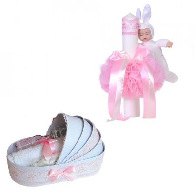 Set Trusou botez in cutie landou cu dantela si lumanare cu iepuras pentru Fetita Denikos® 169 - NKO1724