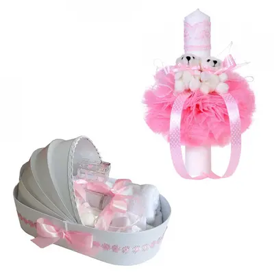 Trusou de botez tip landou cu floricele plus lumanare botez pentru Fete, decor roz cu ursuleti Denikos 102 - NKO1657