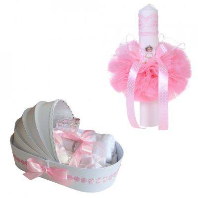 Pachet Trusou de botez pentru Fete in cutie landou cu floricele si lumanare cu ingeras Denikos® - 115 NKO1670
