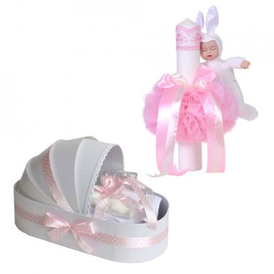 Set Trusou botez model landou si lumanare cu iepuras decor roz fundita buline pentru Fata Denikos® 109 NKO1664