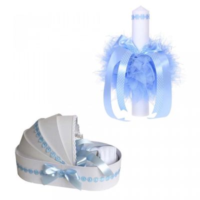 Pachet trusou de botez landou pentru Baietel cu lumanare si decor cu floricele bleu Denikos® 43 - NKO1557