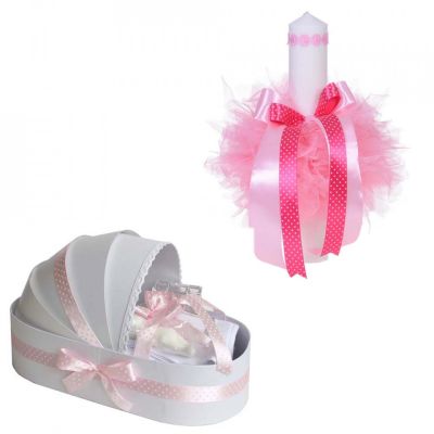 Pachet Trusou botez in cutie landou si lumanare decor roz cu floricele pentru Fetita Denikos® 105 - NKO1660