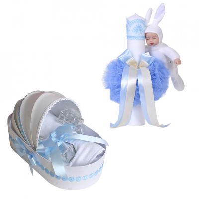 Set Trusou botez in landou cu lumanare cu iepuras si decor bleu pentru Baieti Denikos® 106 - NKO1661