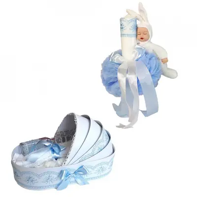 Set Trusou Botez model landou cu lumanare si iepuras pentru baieti decor bleu Denikos® 171 - NKO1726