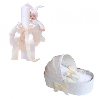 Pachet Unisex Trusou Botez in landou si lumanare iepuras cu decor ivoire Denikos® 174 - NKO1729