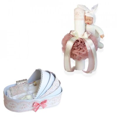 Set Trusou botez decor roz pudra pentru Fete si lumanare cu iepuras in cutie landou Denikos® 170 - NKO1725