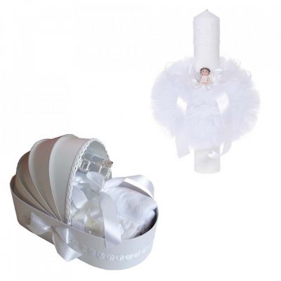 Set Trusou botez in landou cu lumanare si ingeras decor alb Unisex Denikos® 110 - NKO1665