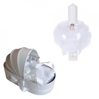 Set Trusou botez in landou cu lumanare si ingeras decor alb Unisex Denikos&reg; 110 - NKO1665