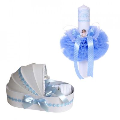 Set Trusou Botez in landou si lumanare cu ingeras pentru baietel cu decor bleu Denikos® 111- NKO1666