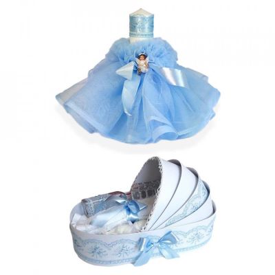 Set Trusou Botez in landou cu lumanare si ingeras cu decor bleu pentru Baieti Denikos® 166 - NKO1721
