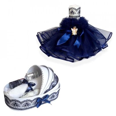 Pachet Trusou Botez in landou cu lumanare si ingeras Baietel decor bleumarin Denikos® 165 - NKO1720