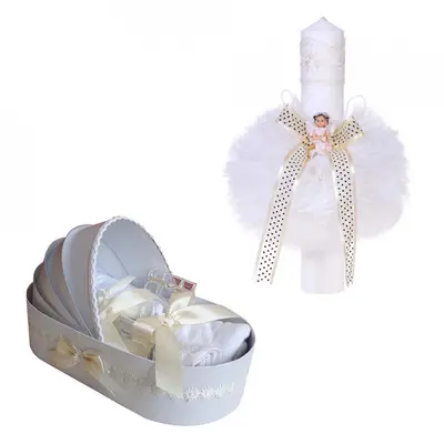 Pachet trusou pentru botez model landou si lumanare botez Unisex Denikos&reg; 113 decor ivoire - NKO1668