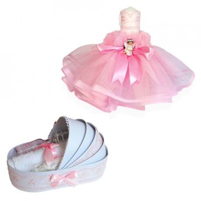 Pachet Trusou botez in landou si lumanare cu rochita si ingeras Denikos® 167 decor roz pentru Fetite - NKO1722