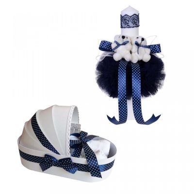 Pachet Trusou botez in landou si lumanare cu ursuleti in decor bleumarin Baieti Denikos® 41 - NKO1555