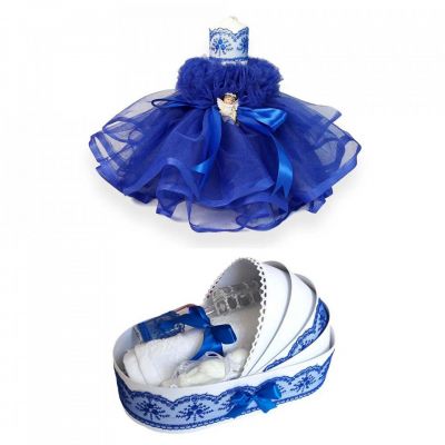 Set Trusou de botez Baietel cu lumanare dantela si ingeras, decor albastru Denikos® 164 NKO1719
