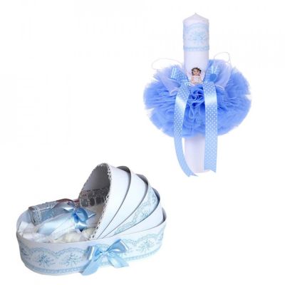 Pachet Trusou botez in landou si lumanare glob ingeras pentru baieti, decor bleu Denikos® 160 - NKO1715
