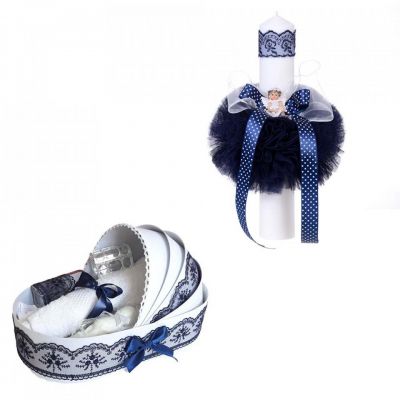 Set Trusou de Botez Baieti cu lumanare glob cu ingeras decor bleumarin in landou Denikos® 161- NKO1716