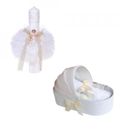 Set trusou botez si lumanare glob cu ingeras Unisex decor ivoire Denikos® 162 - NKO1717