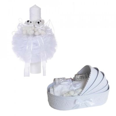Trusou botez in landou plus lumanare glob cu ursuleti unisex decor alb Denikos® 154 - NKO1709