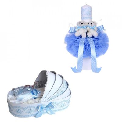 Set trusou botez si lumanare glob cu ursuleti in cutie landou cu decor bleu Baietel Denikos® 155 - NKO1710