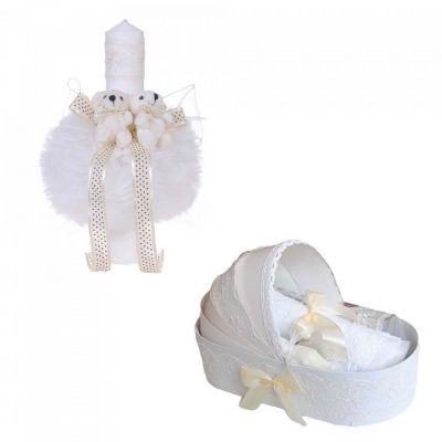Set Trusou botez in landou si lumanare glob cu ursuleti decor ivoire Unisex Denikos® 157 - NKO1712