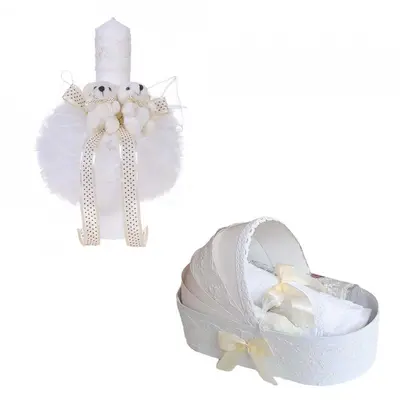 Set Trusou botez in landou si lumanare glob cu ursuleti decor ivoire Unisex Denikos&reg; 157 - NKO1712