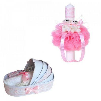 Pachet Trusou de botez tip landou cu lumanare glob si ursuleti decor roz pentru Fete Denikos®158 - NKO1713