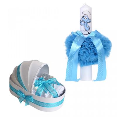 Pachet Trusou botez in landou si lumanare botez pentru Baieti cu decor turcoaz Denikos® 45 - NKO1559