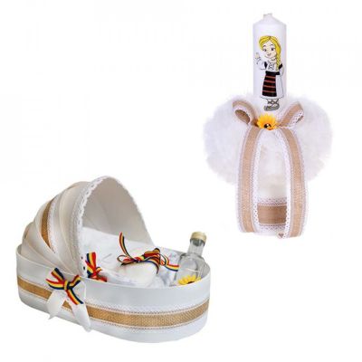 Set Trusou botez in cutie landou Denikos® 117 si lumanare decor traditional Fetita - NKO1672