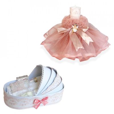 Set Trusou botez Fete in cutie landou si lumanare cu ingeras in decor dusty rose Denikos® 168 - NKO1723